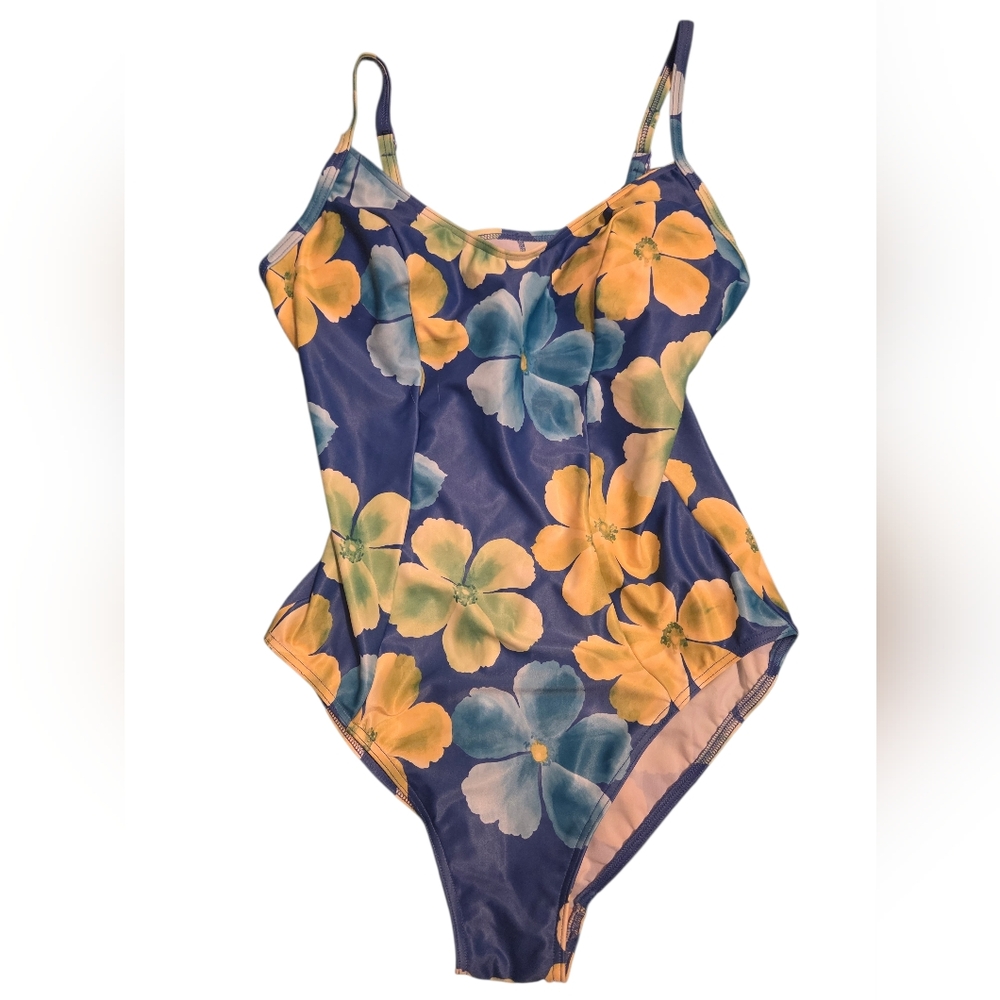 Krista Tropical Blue Yellow Floral One Piece Swimsuit Size 16 Push Up Liquid